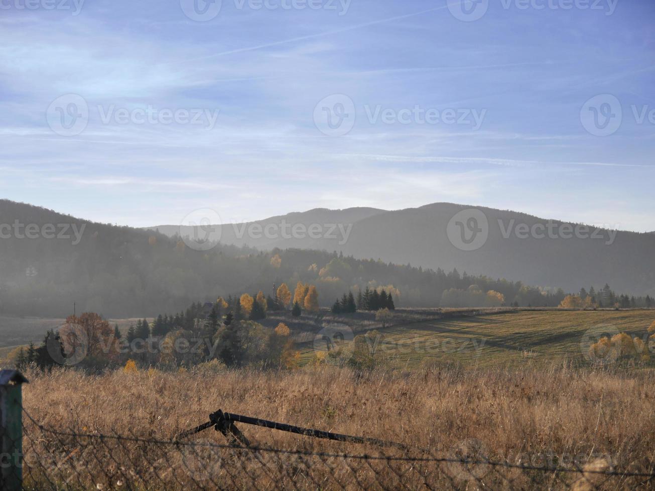 paisagem de árvores em um campo com montanhas bieszczady e céu azul nublado na polônia foto