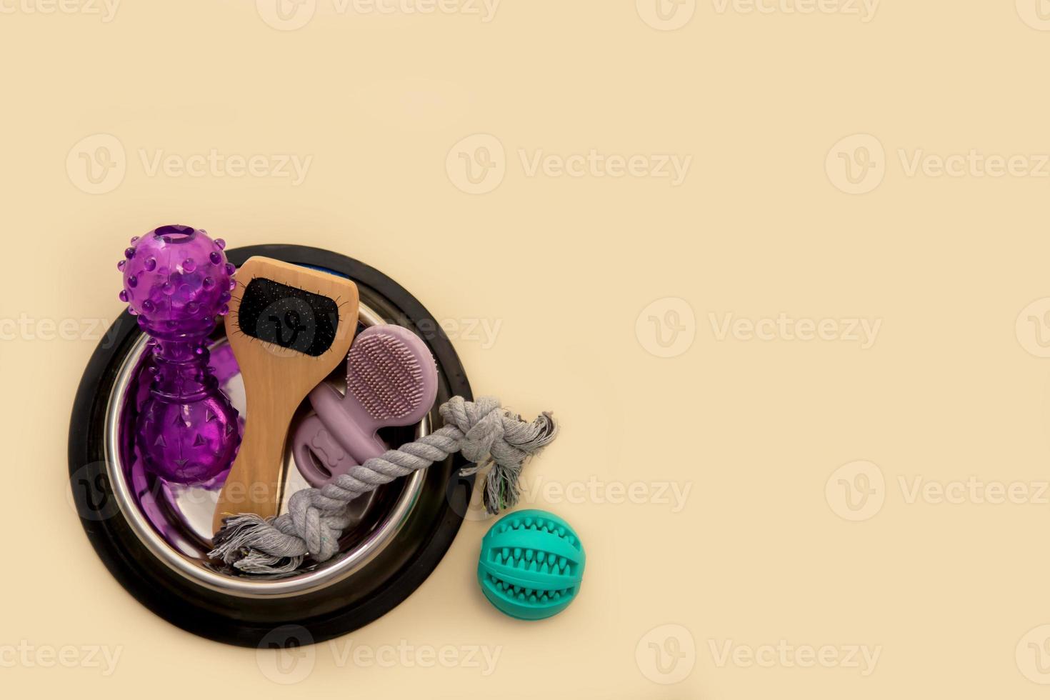 doméstico cachorro acessórios brinquedos, escova bola dentro Comida tigela para lã em bege fundo com cópia de espaço foto