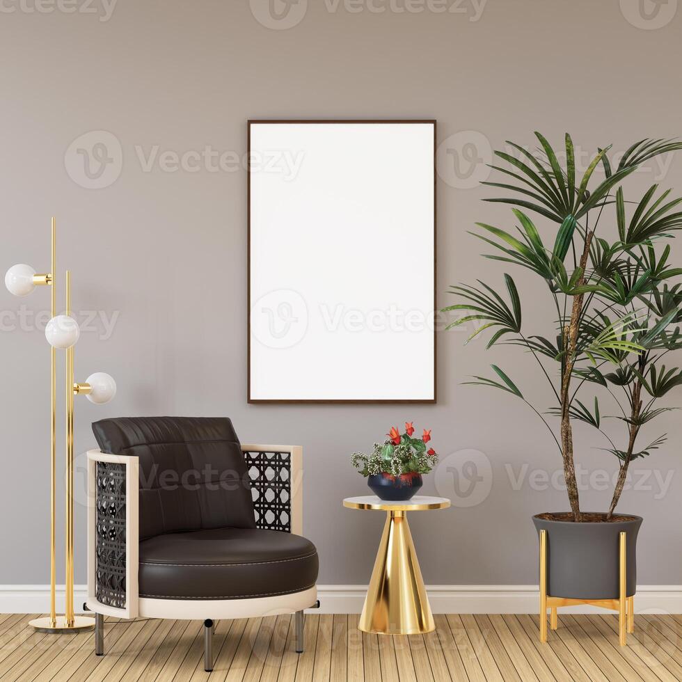 Moldura de foto em branco de maquete de ilustração 3D na renderização da sala de estar