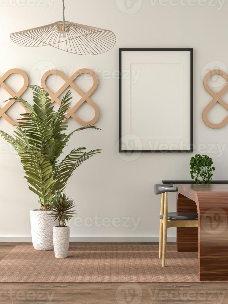 Moldura de foto em branco de maquete de ilustração 3D na renderização da sala de estar
