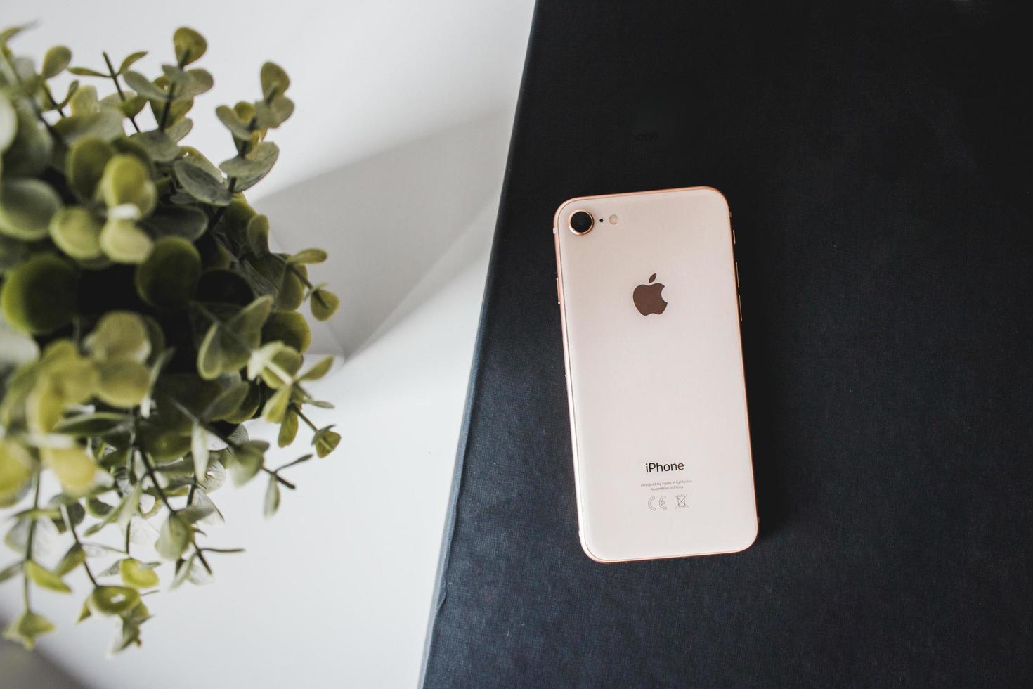 2018 - editorial ilustrativo do iphone 8 em ouro rosa em um fundo preto ao lado de uma planta verde foto