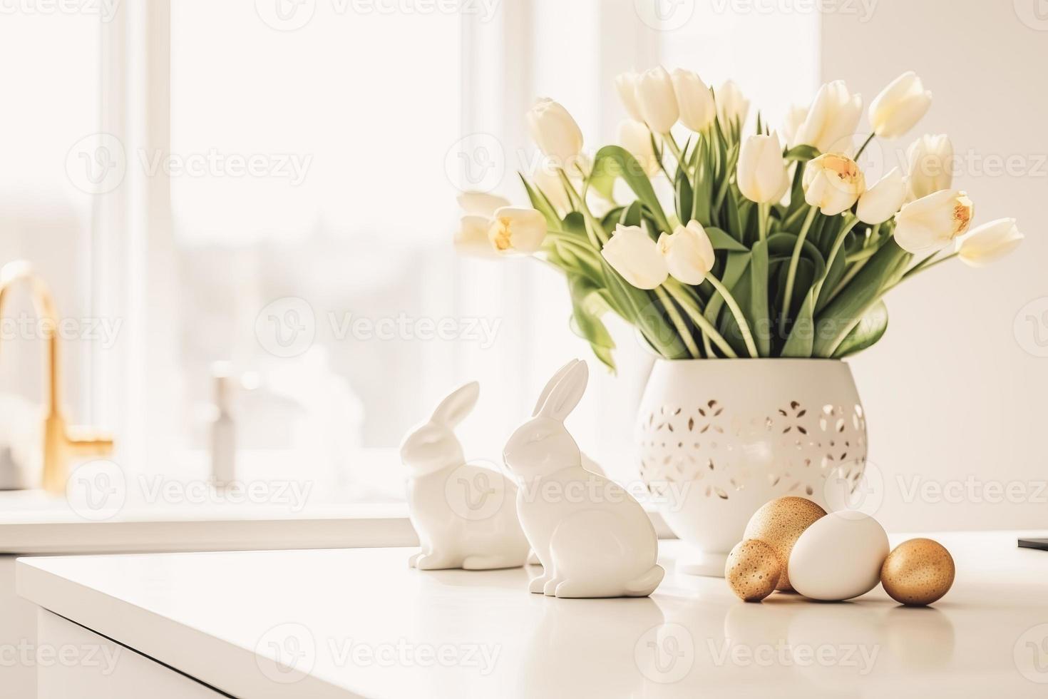 Páscoa mesa configuração com tulipas, Páscoa coelhos, e ovos com dourado padrões dentro a branco estilo escandinavo cozinha fundo. lindo minimalista Projeto para cumprimento cartão foto