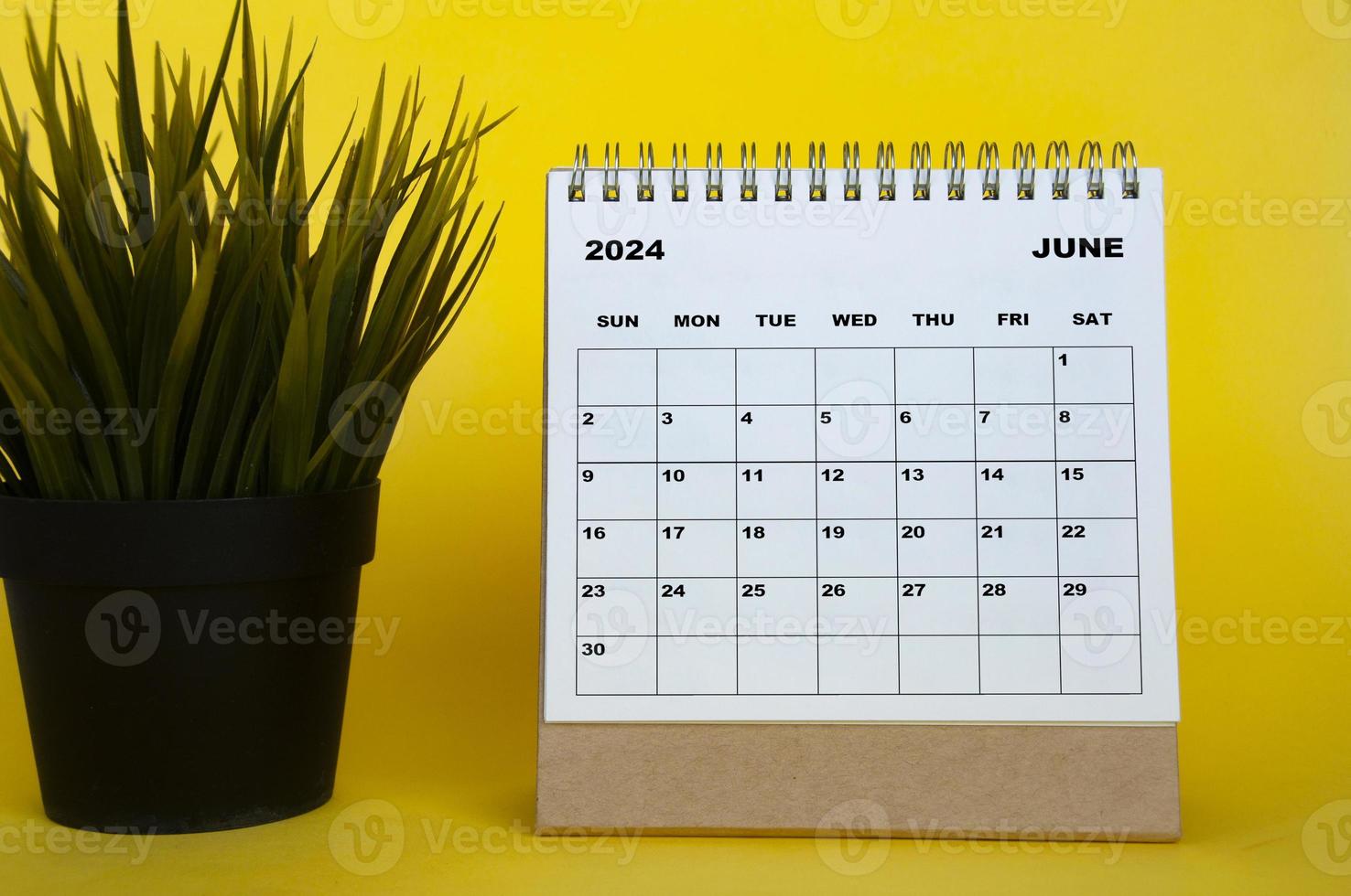 Junho 2024 mês calendário com mesa plantar em amarelo cobrir fundo. por mês calendário conceito foto