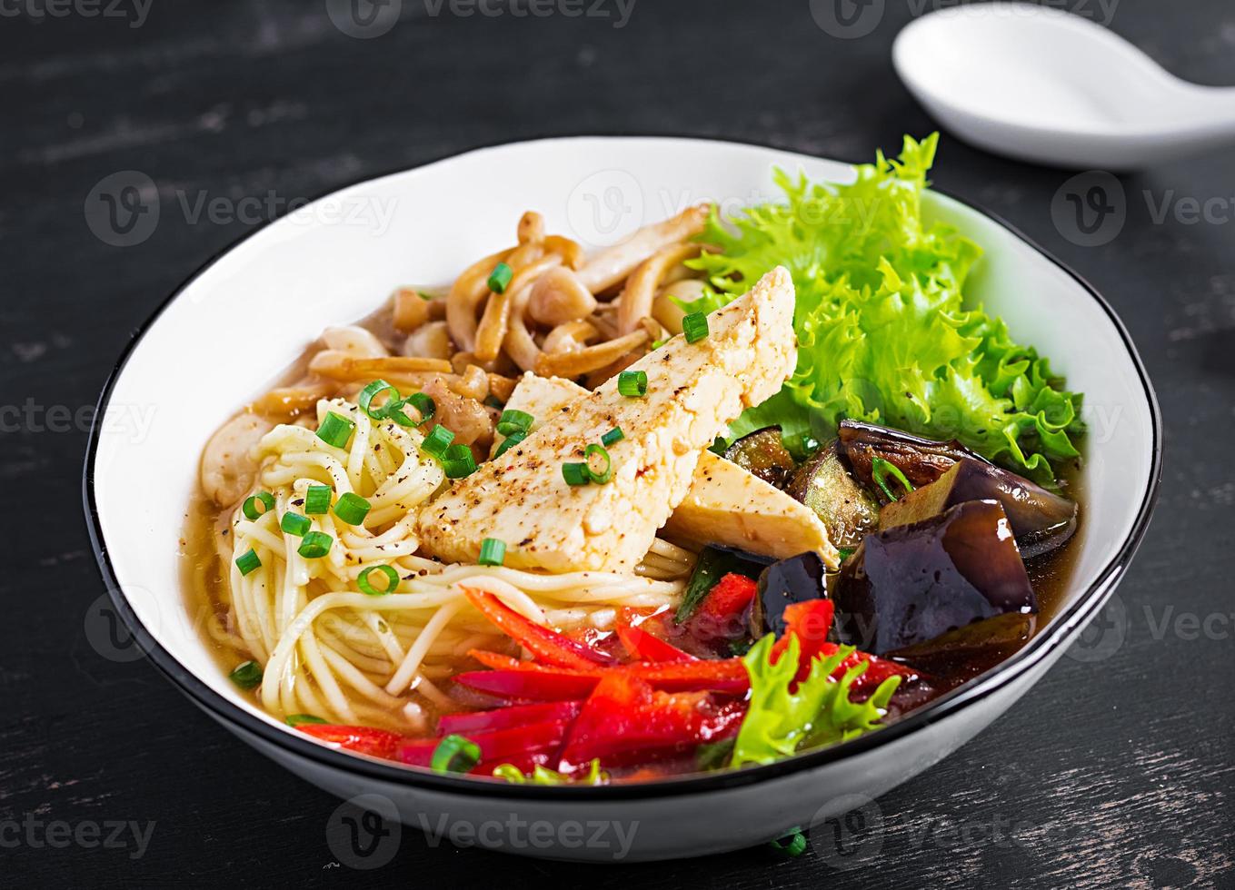 ásia vegano Macarrão sopa com tofu queijo, shimeji cogumelos e frito Berinjela dentro tigela em Sombrio fundo. foto