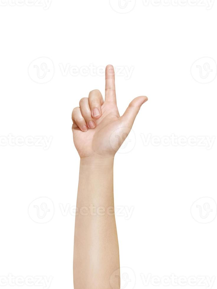 fêmea mão apontando para cima isolado em branco fundo foto