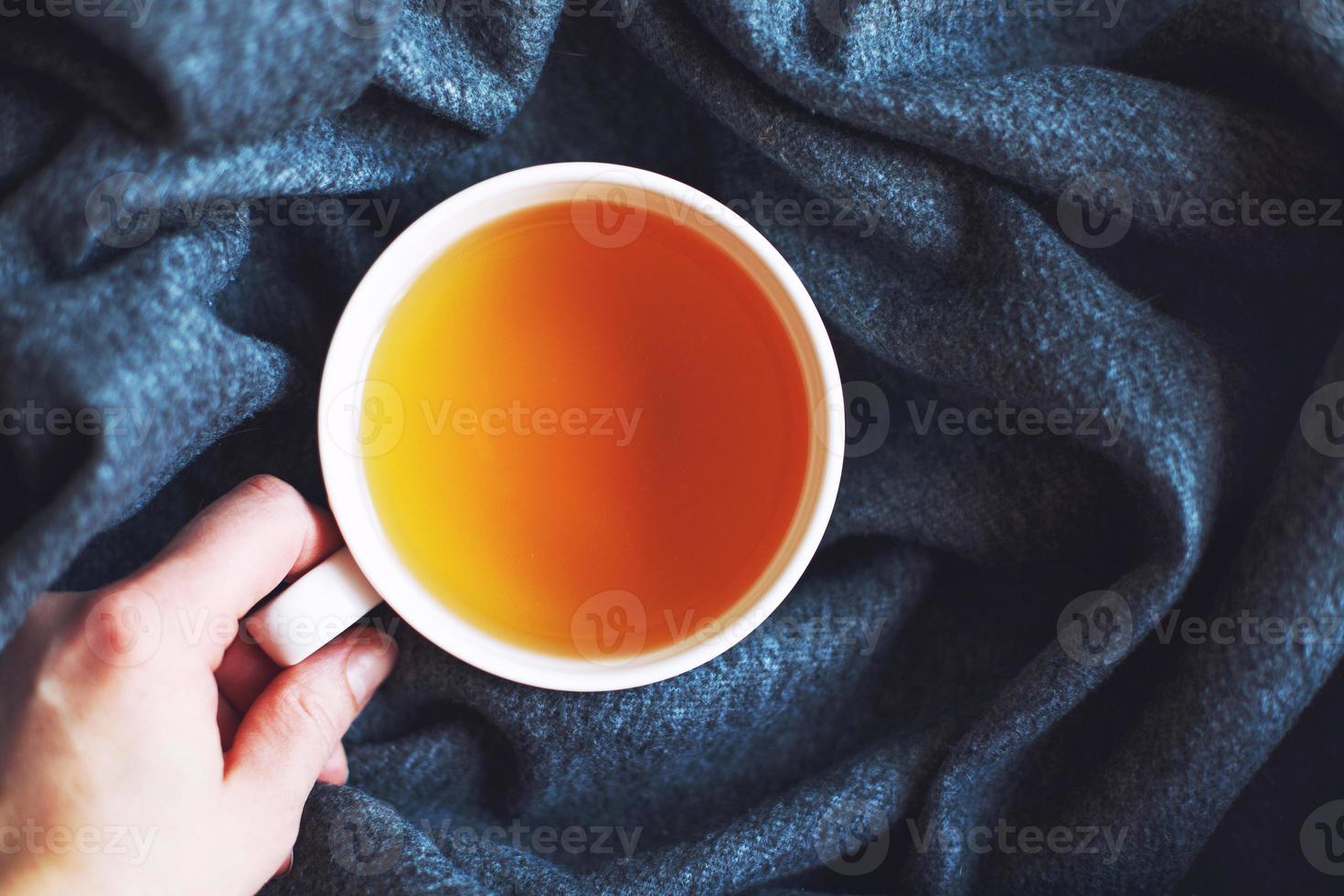 copo do quente chá em uma cinzento suave xadrez fechar. topo visualizar. fêmea mão detém uma caneca com chá foto