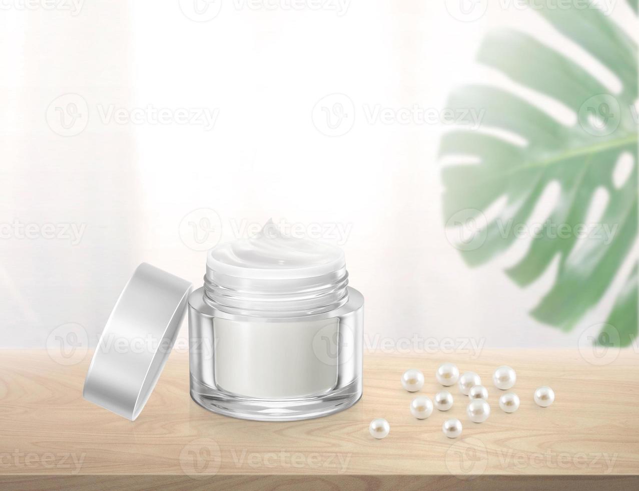 Cosmético embalagem em mesa com verde ervas folhas creme ou loção em uma branco fundo natural beleza spa produtos conceito foto