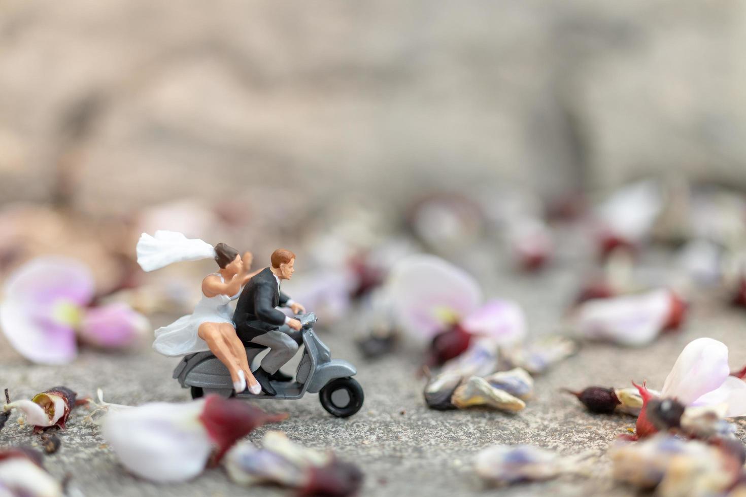 casal em miniatura andando de moto em um jardim foto