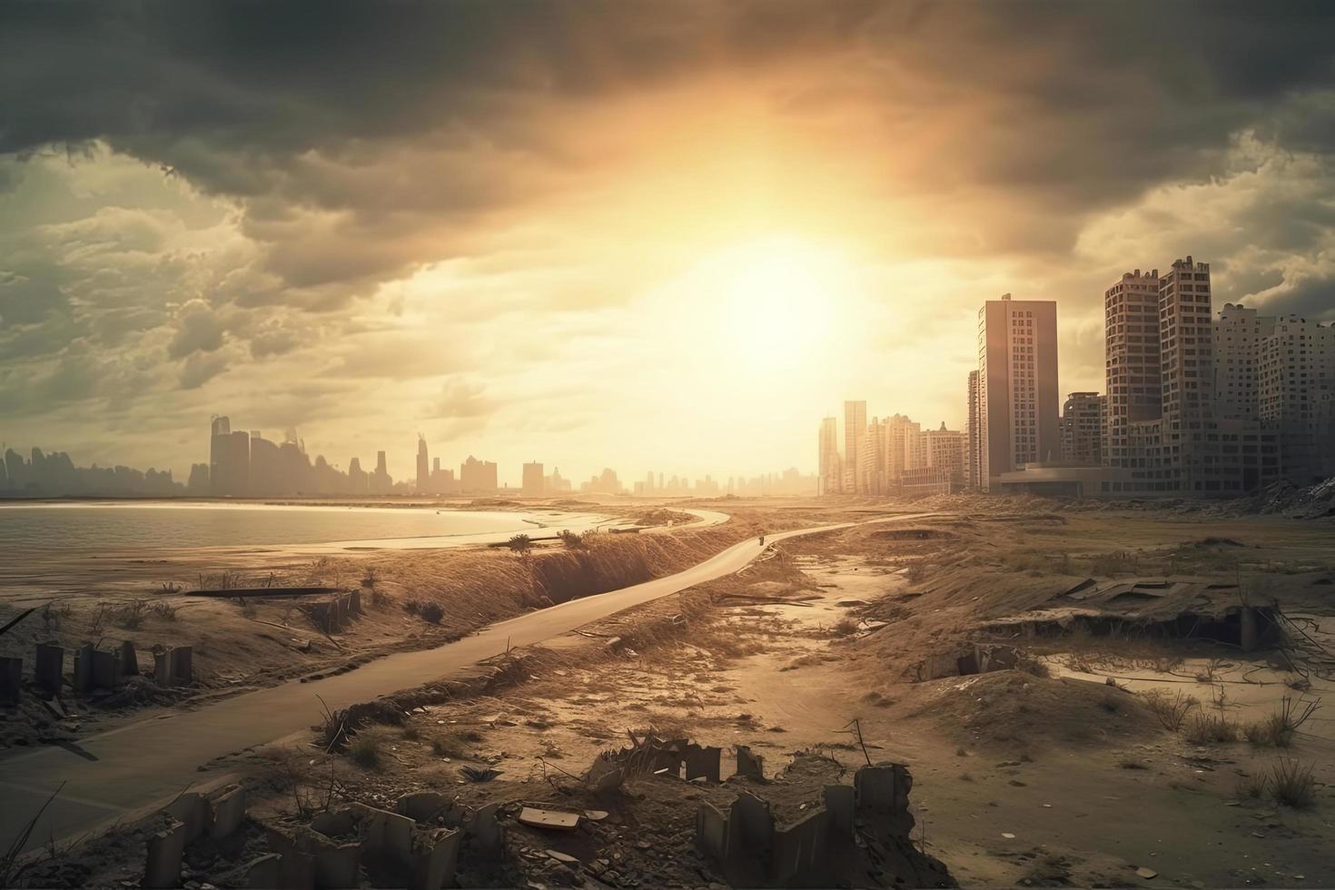 Pós-apocalíptico panorama. cidade depois de a efeitos do global aquecimento. clima alterar conceito foto