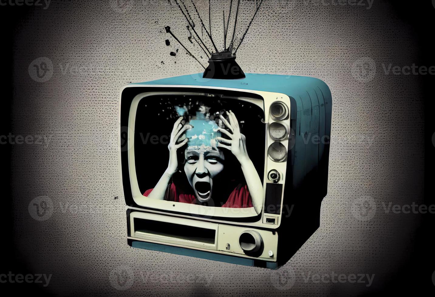 uma pessoa com dele cabeça dentro uma televisão dentro vintage pop estilo foto
