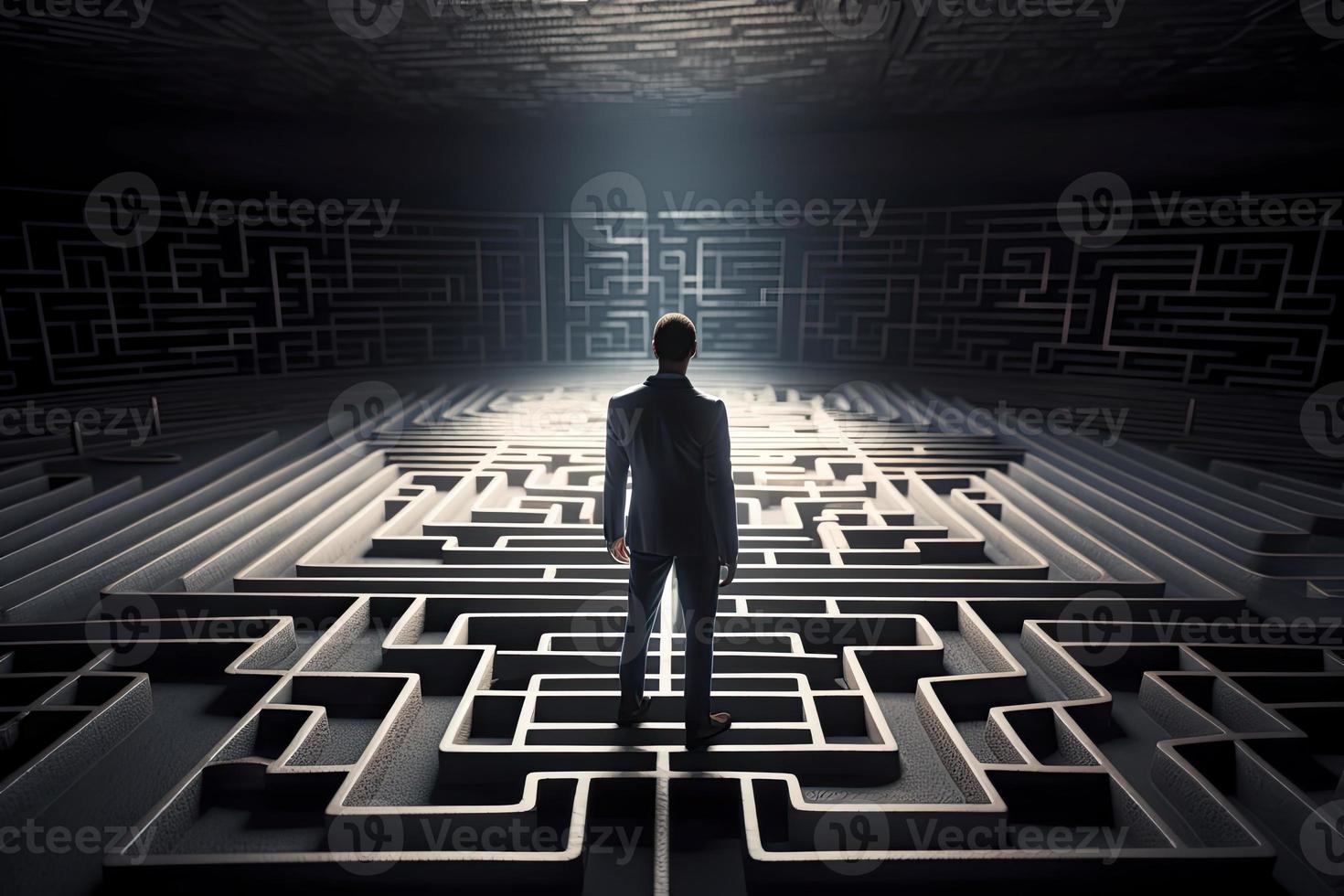 a elegante homem de negocios em pé em uma quadrado plataforma olhando sobre infinito labirinto conceito foto