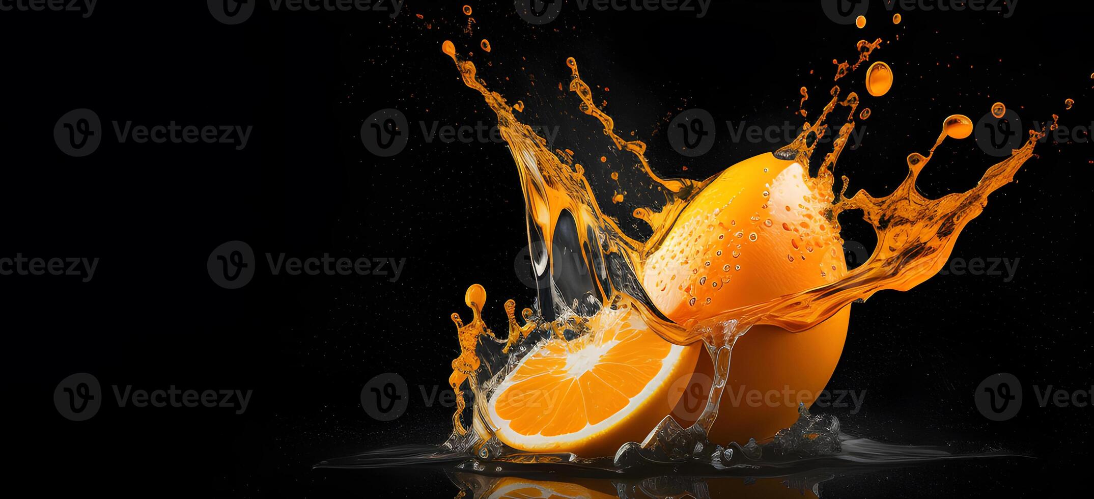 laranja fatia dentro água respingo Projeto em a Preto fundo. generativo ai. foto