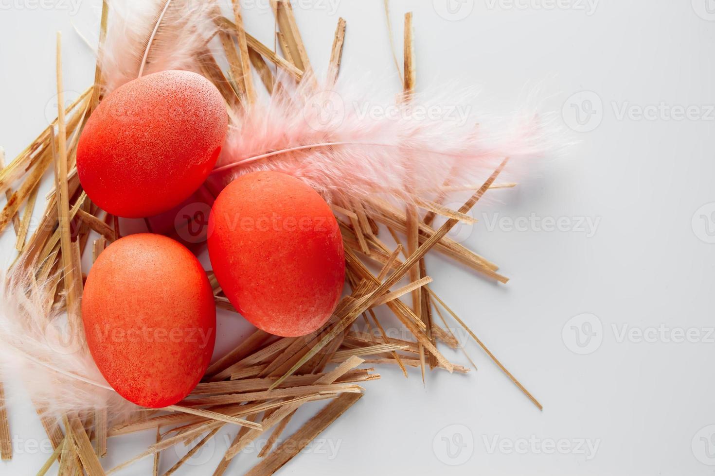 ovos de páscoa laranja e penas em um ninho em um fundo branco. foto