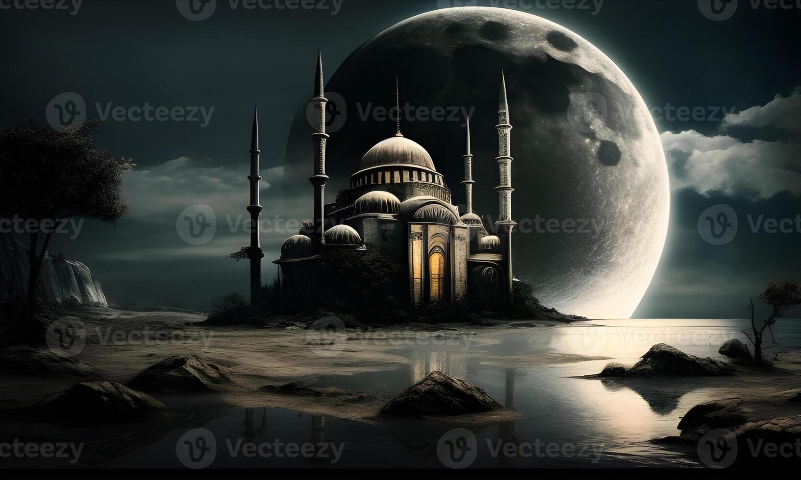 primavera Ramadã kareem e eid histórico mesquita e lua Sombrio noite Visão fundo. generativo ai. foto