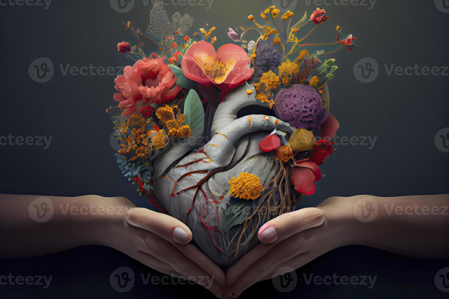 humano coração com flores, amor e emoção conceito foto