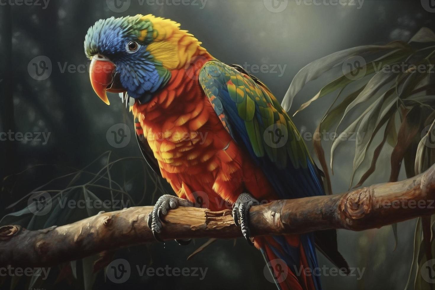 colorida papagaio em ramo dentro tropical floresta, criada com generativo ai foto