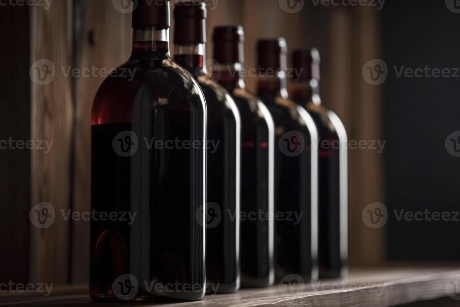 linha do vermelho vinho garrafas em uma de madeira prateleira, criada com generativo ai foto