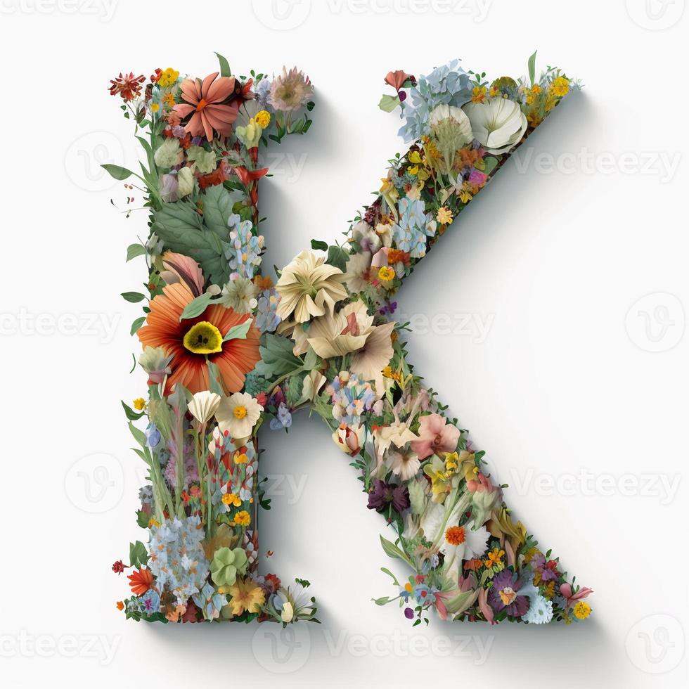 carta k fez do flores e folhas. flor Fonte conceito, criada com generativo ai foto