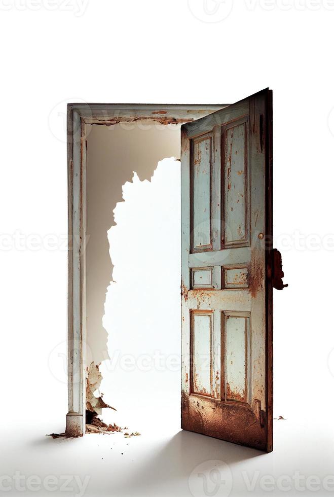 velho abandonado aberto porta, criada com generativo ai foto