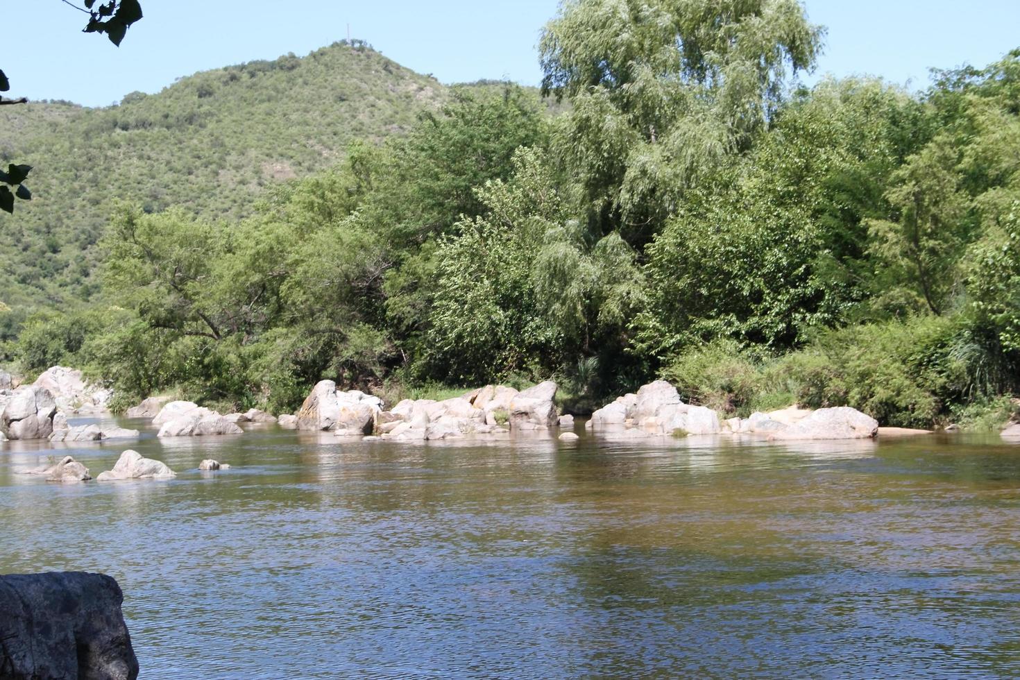 montanha corrente e pedras dentro verão foto