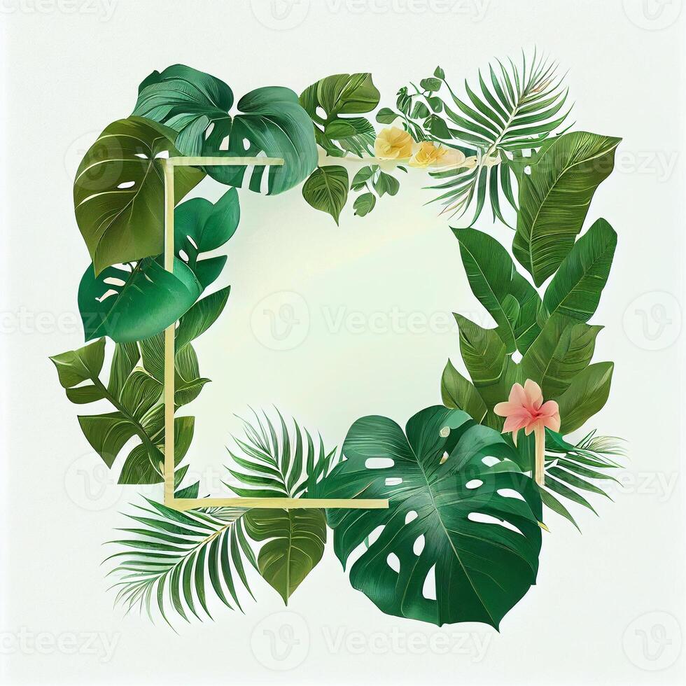 modelo, cartão postal, bandeira para publicidade verde tropical monstera folhas, Palma árvores - ai gerado imagem foto