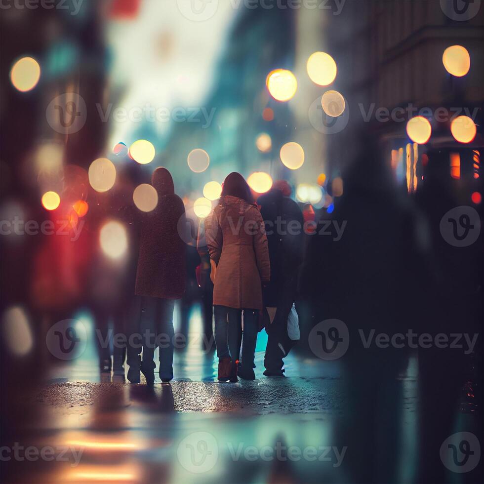 multidão do pessoas caminhando a partir de trabalhar, pôr do sol borrado bokeh fundo - ai gerado imagem foto