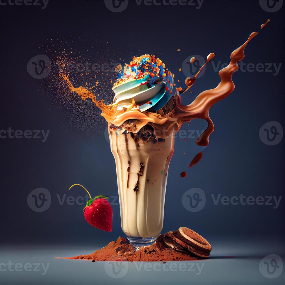 à moda lindo frutado milkshake, chocolate solta salpicos - ai gerado imagem foto