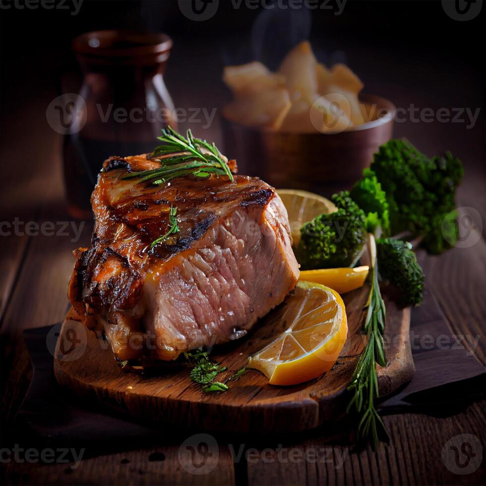 uma peça do fresco carne cozinhou em a grade - ai gerado imagem foto