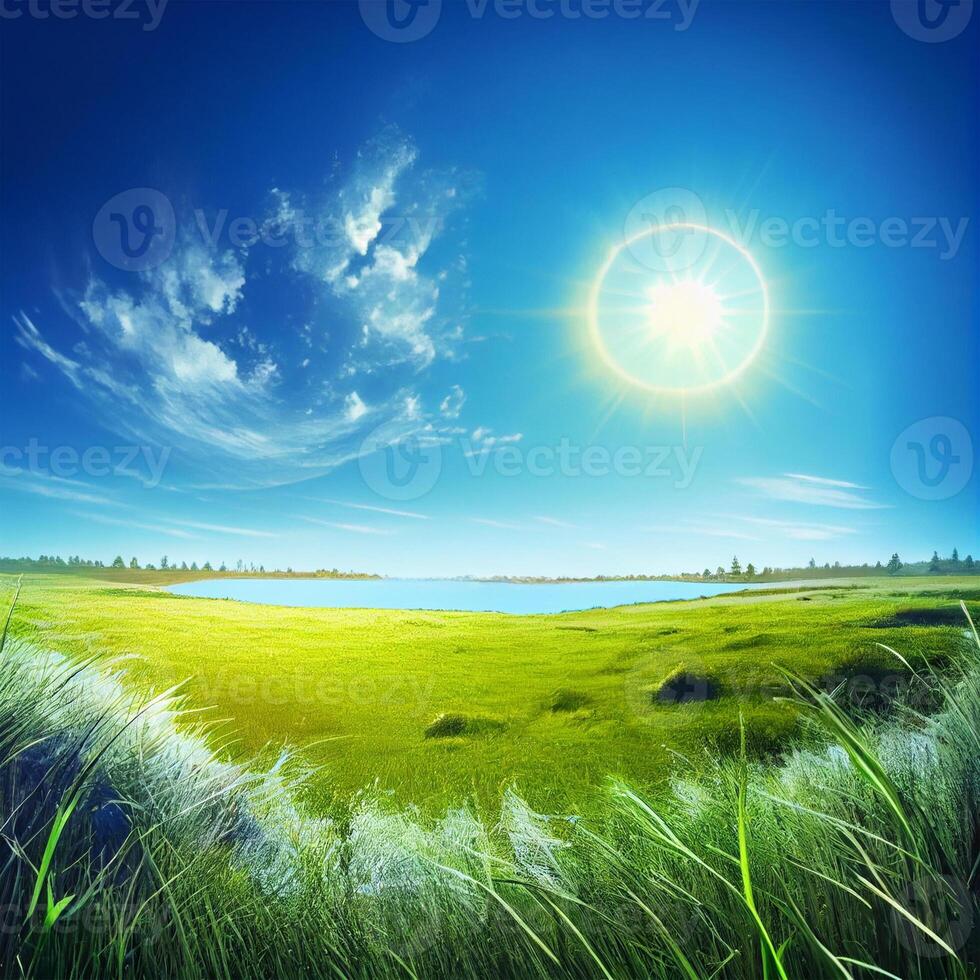 brilhante Sol brilha em verde manhã gramíneo Prado, brilhante azul céu - ai gerado imagem foto