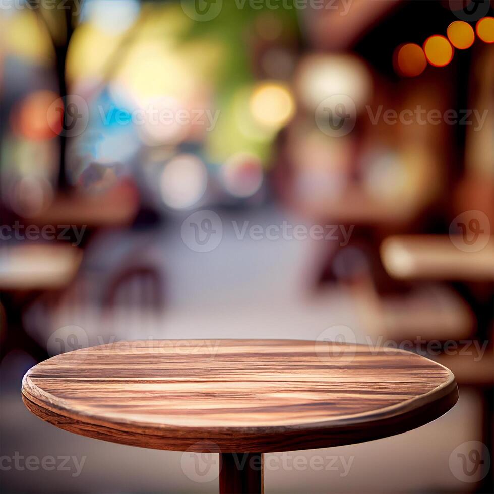 de madeira mesa topo dentro cafeteria borrado bokeh fundo - ai gerado imagem foto