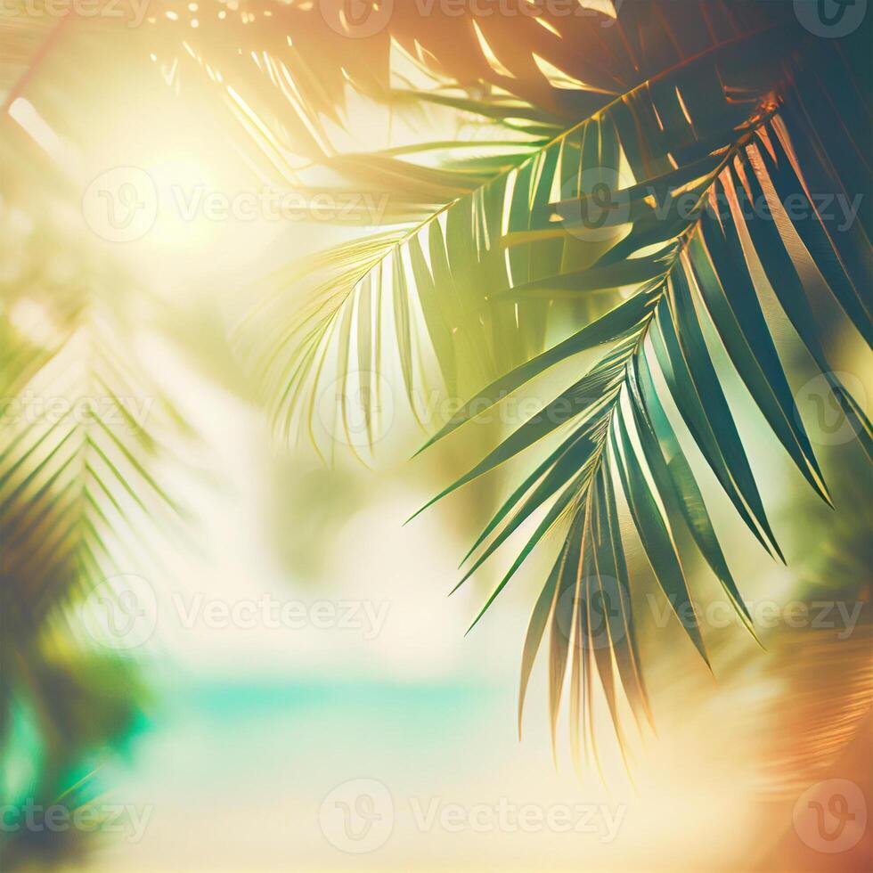 borrão lindo natureza verde Palma folha em tropical de praia com bokeh Sol luz flare onda abstrato fundo. verão período de férias e o negócio viagem conceito espaço - ai gerado imagem foto