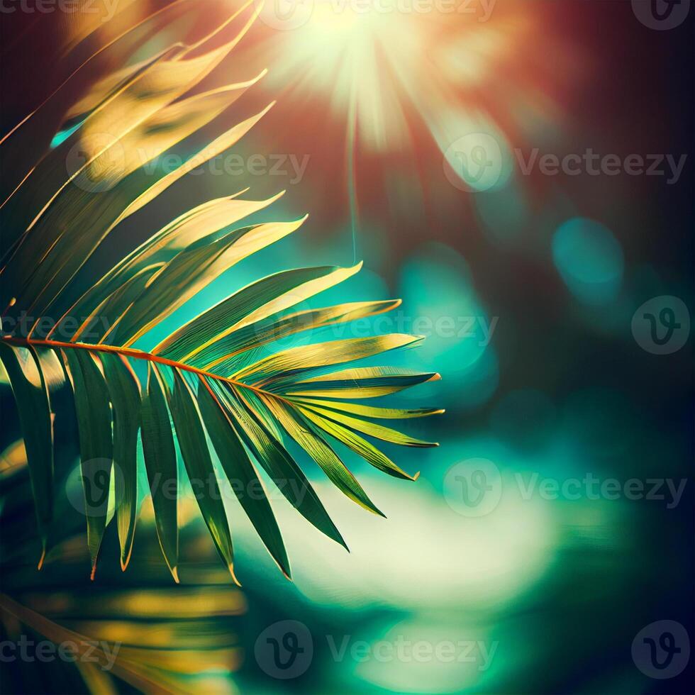 borrão lindo natureza verde Palma folha em tropical de praia com bokeh Sol luz flare onda abstrato fundo. verão período de férias e o negócio viagem conceito espaço - ai gerado imagem foto