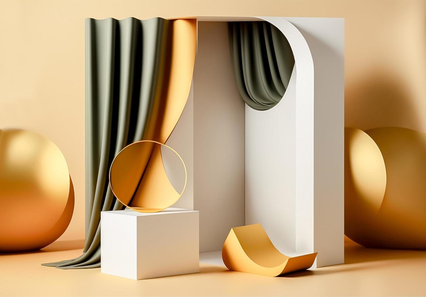 foto 3d Renderização do a realista ouro pódio dentro luxo e mínimo Projeto com dourado cortinas