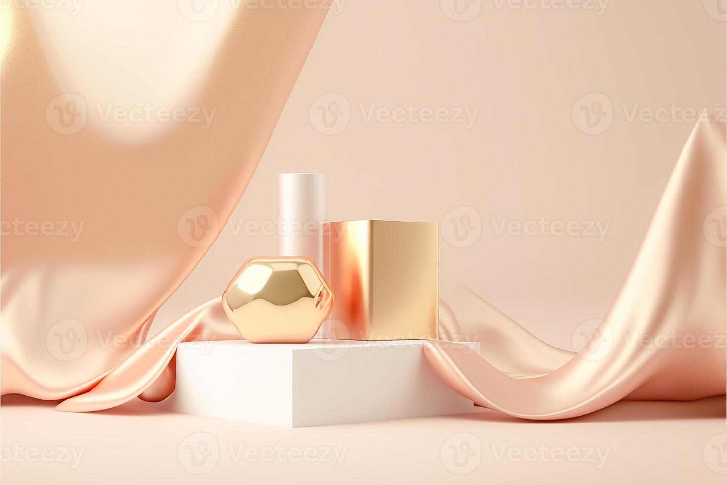 luxo dourado tecido e produtos exibição colocada em branco pódio estante em bege fundo foto