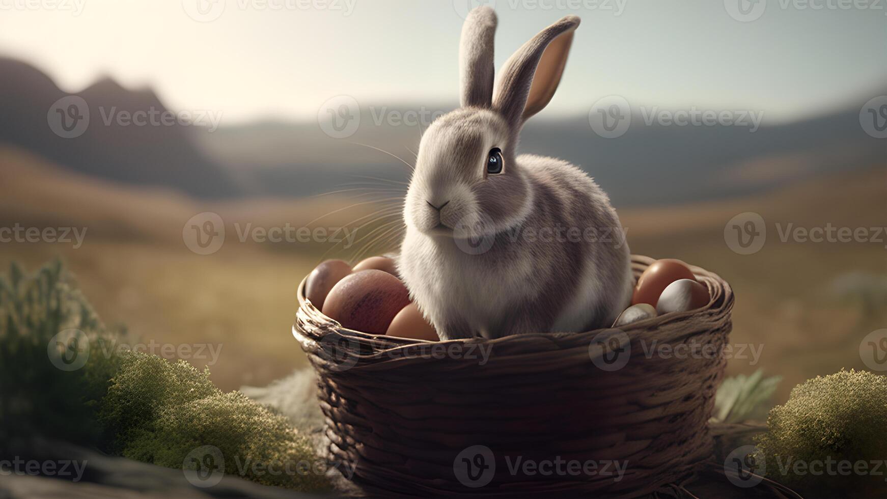 a comemorar Páscoa com uma fofa coelhinho, colorida ovos, e bastante do cópia de espaço. ai gerado foto