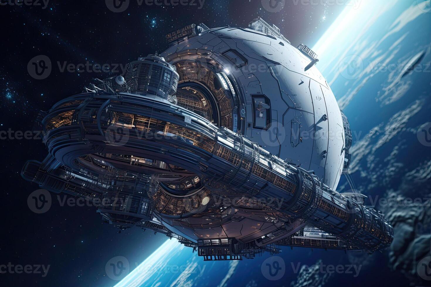 futurista espaço estação em planeta órbita. nave espacial dentro exterior espaço. criada com generativo ai foto