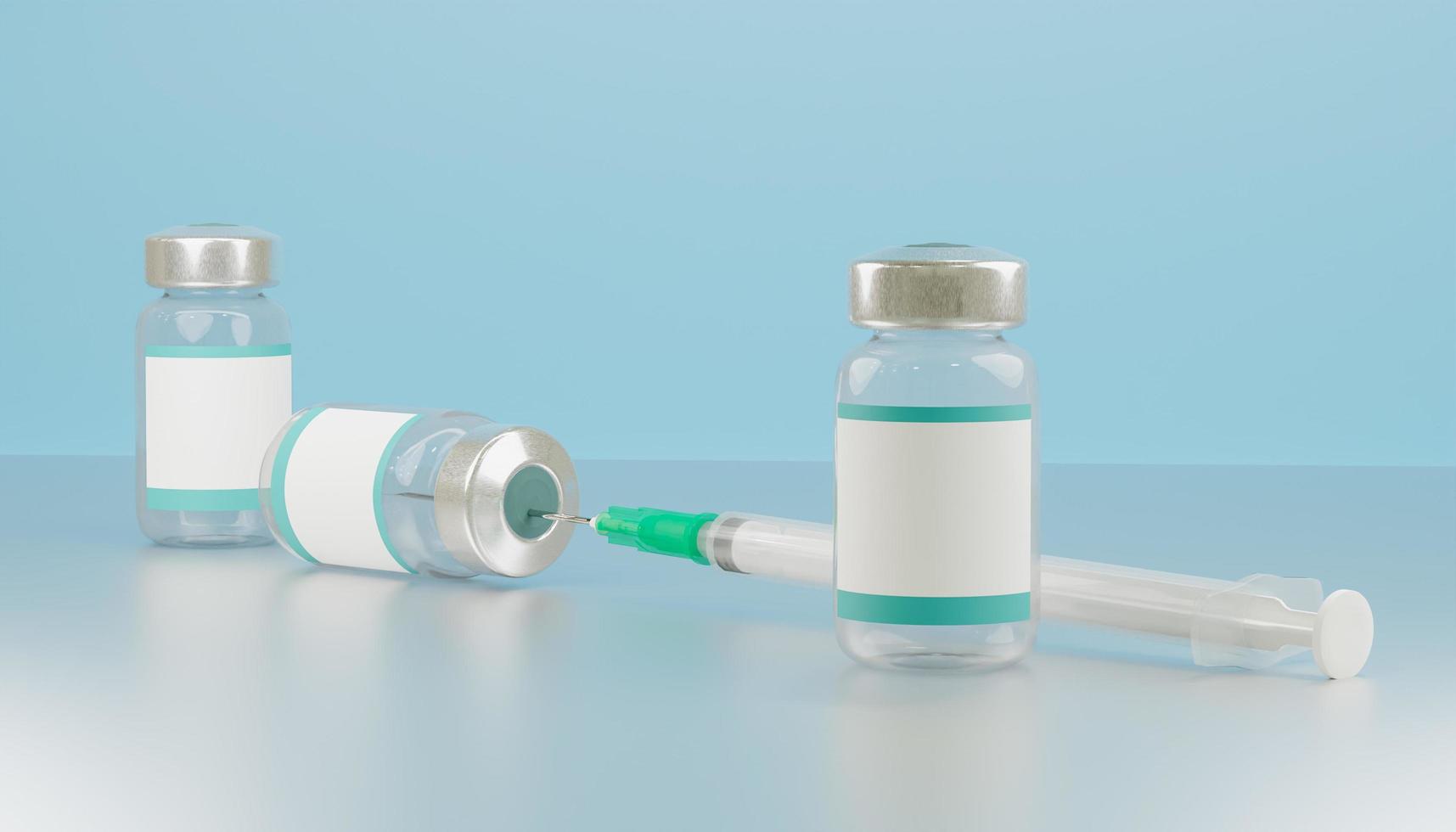 Frascos de vacina 3D com rótulo em branco e seringa milimetrada foto