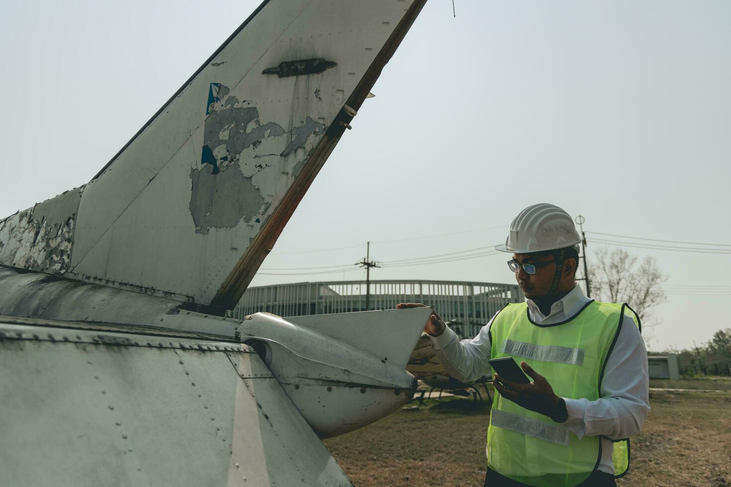 aeronave mecânico examinando avião asa foto