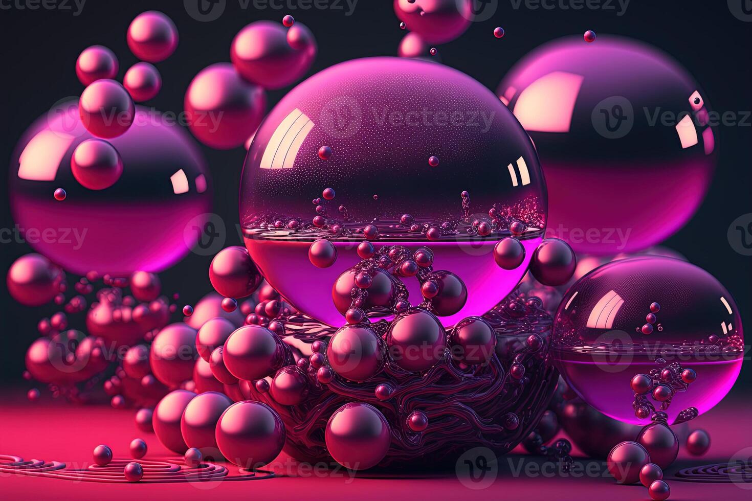 generativo ai, quatro grande esferas e pequeno miçangas, bolas dentro magenta cor. lustroso Rosa fluido bandeira, 3d cena efeito, moderno macro fotorrealista abstrato fundo ilustração. foto