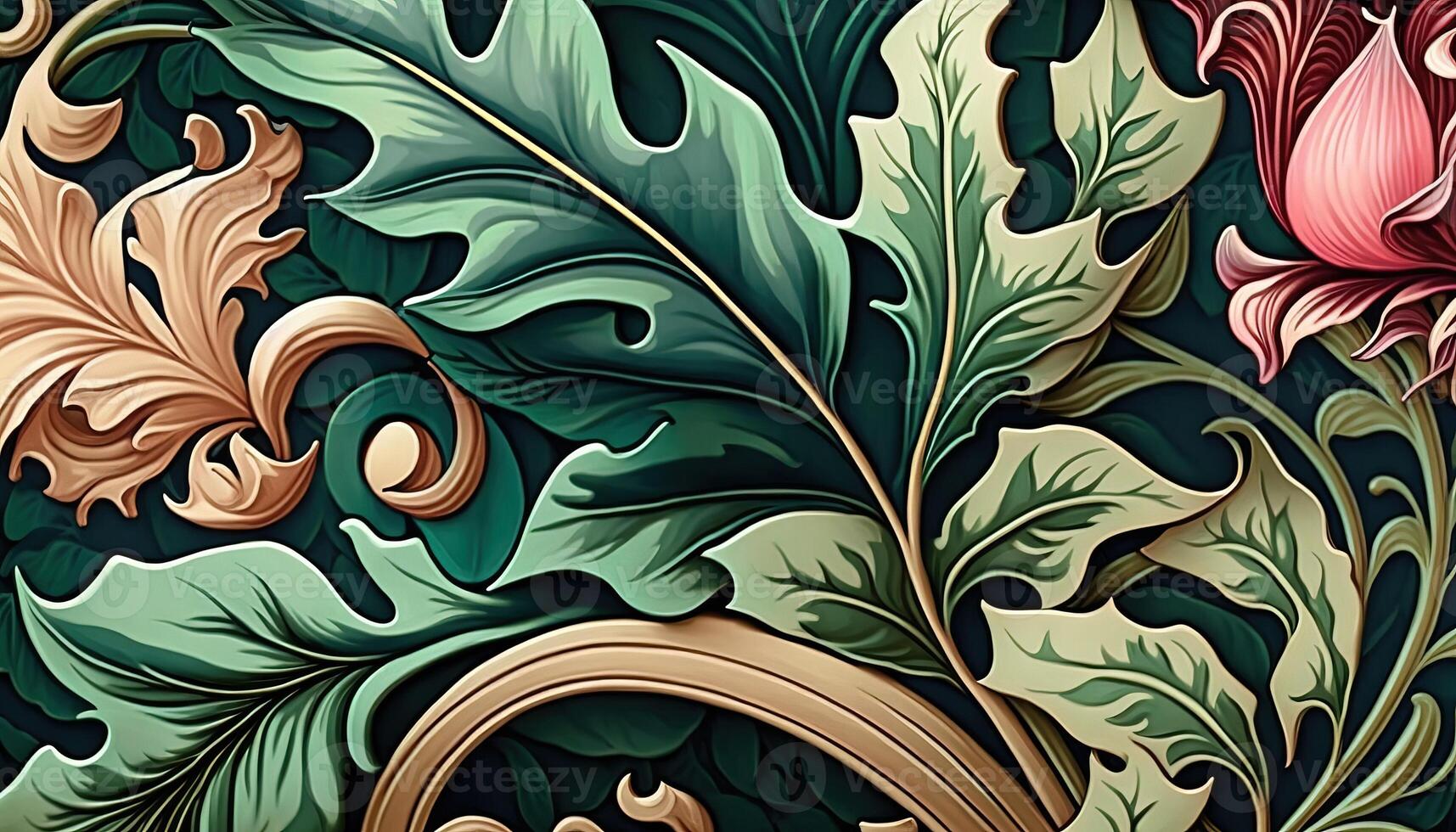 generativo ai, floral colorida padronizar. William Morris inspirado natural plantas e flores fundo, vintage ilustração. folhagem ornamento. foto