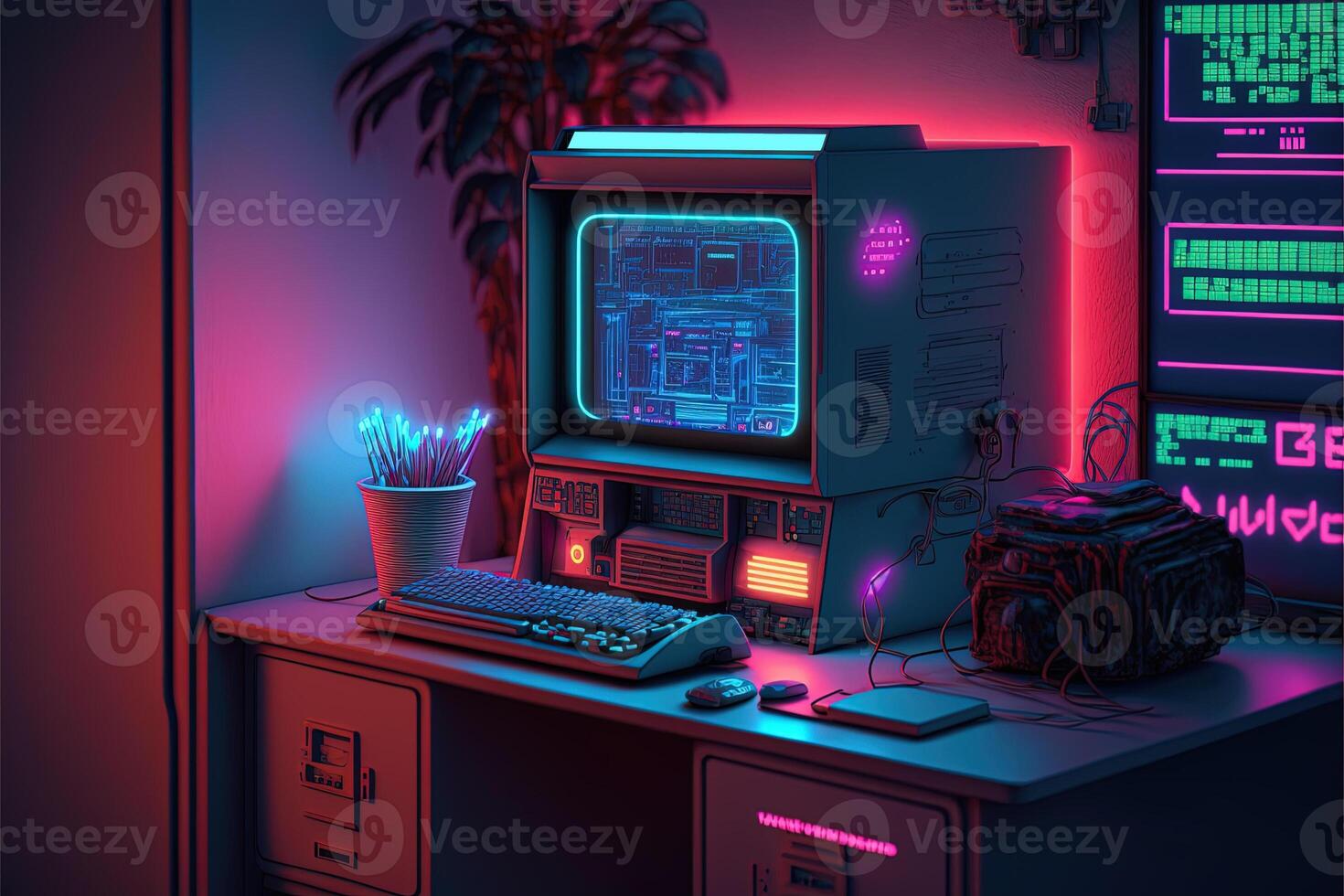 generativo ai, computador em a mesa dentro cyberpunk estilo, nostálgico anos 80, anos 90. néon noite luzes vibrante cores, fotorrealista horizontal ilustração do a futurista interior. tecnologia conceito. foto