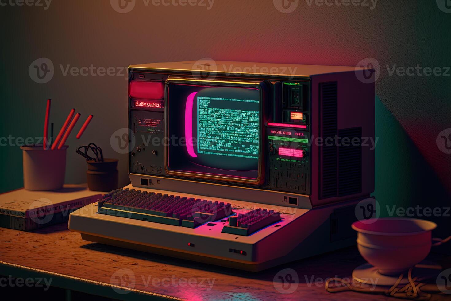 generativo ai, computador em a mesa dentro cyberpunk estilo, nostálgico anos 80, anos 90. néon noite luzes vibrante cores, fotorrealista horizontal ilustração do a futurista interior. tecnologia conceito. foto