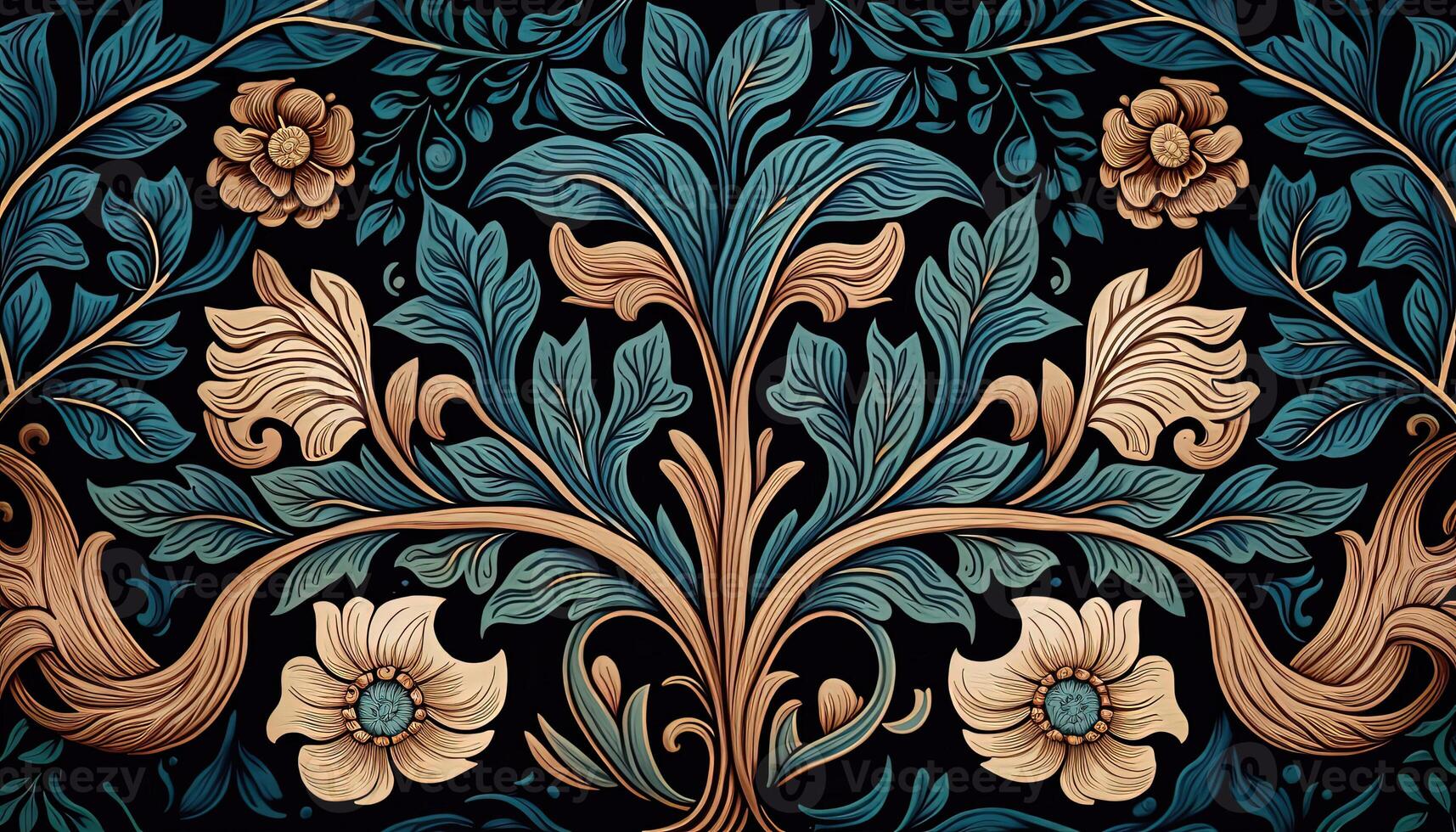 generativo ai, floral colorida padronizar. William Morris inspirado natural plantas e flores fundo, vintage ilustração. folhagem ornamento. foto