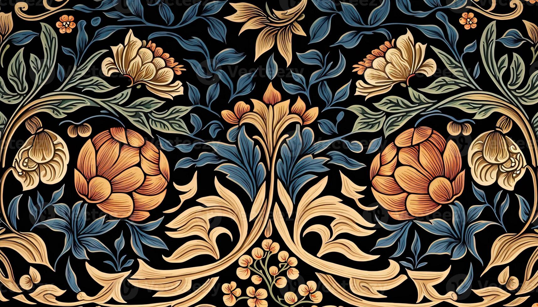 generativo ai, floral colorida padronizar. William Morris inspirado natural plantas e flores fundo, vintage ilustração. folhagem ornamento. foto