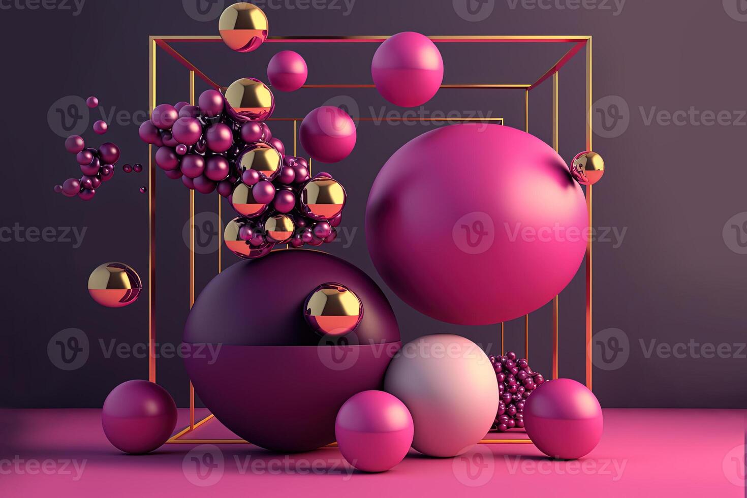 generativo ai, geométrico figuras, cubo, flutuando esferas e bolas dentro magenta cor. lustroso Rosa fluido bandeira, 3d cena efeito, moderno macro fotorrealista abstrato fundo ilustração. foto