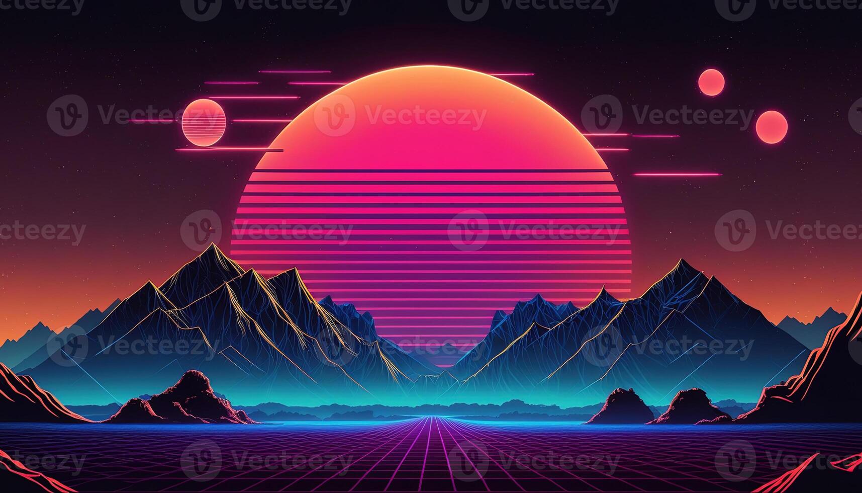 generativo ai, retro estilo, nostálgico anos 80, anos 90. noite paisagem, pôr do sol cores, ficção científica, retrowave vintage ilustração. sol, montanhas, estrada e árvores digital retro cyber superfície. foto