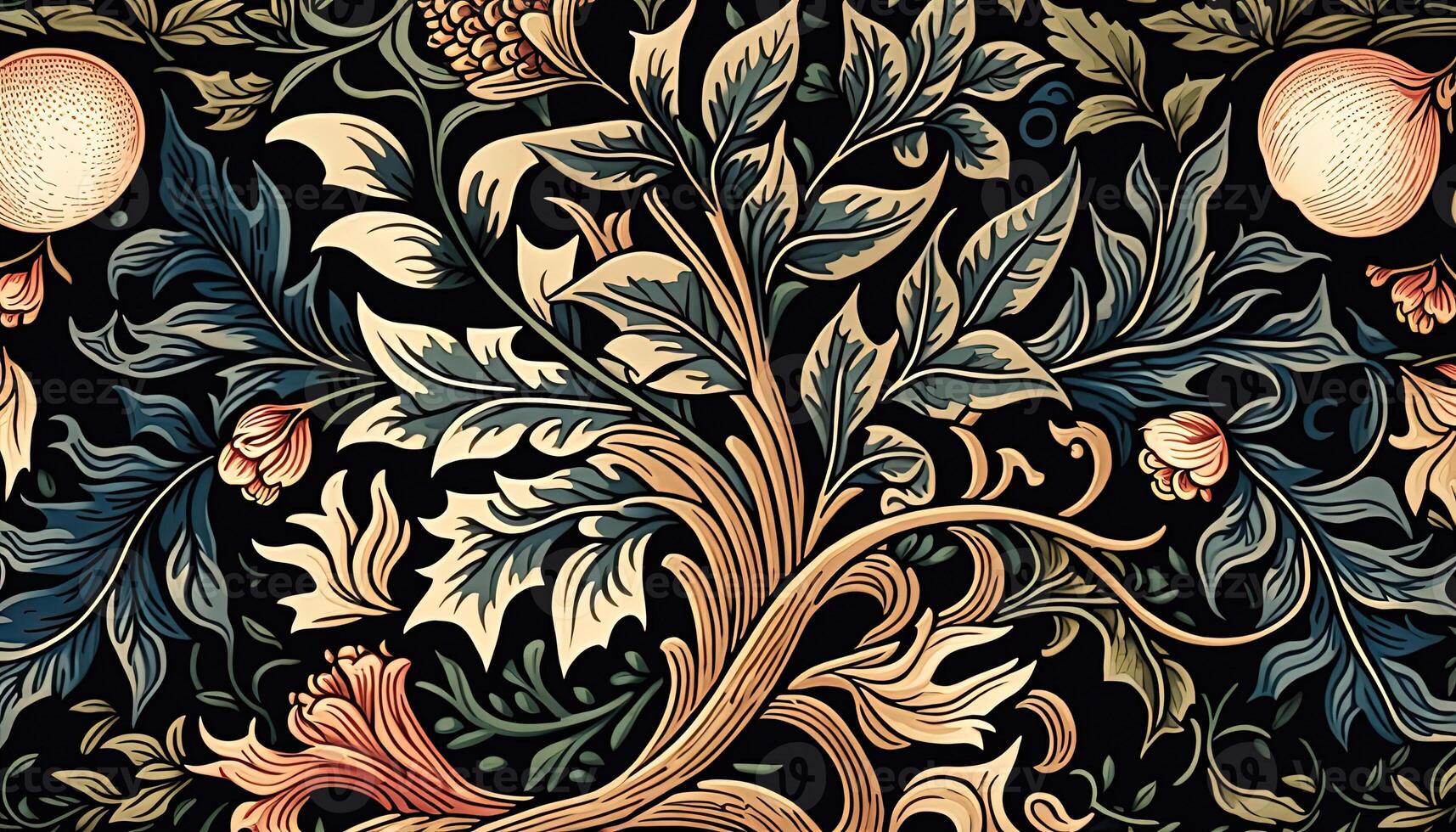 generativo ai, floral colorida padronizar. William Morris inspirado natural plantas e flores fundo, vintage ilustração. folhagem ornamento. foto