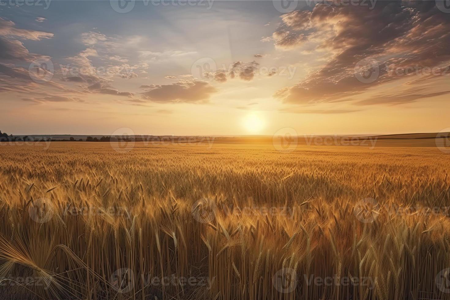 lindo natural panorama panorama do dourado trigo campo às pôr do sol contra fundo foto