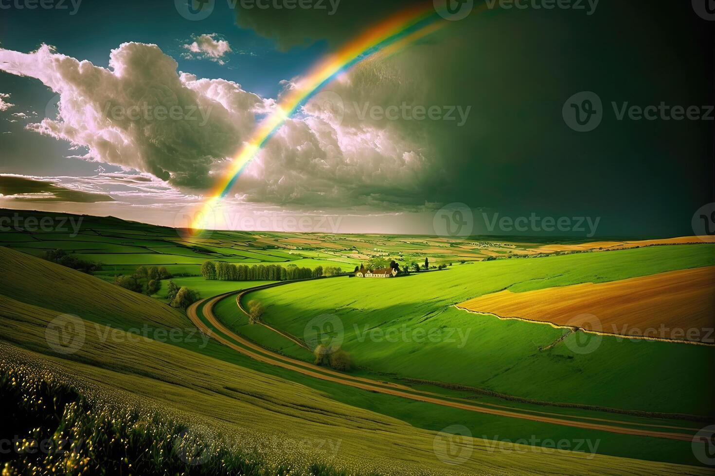 arco Iris dentro a verde Prado. ai gerado foto