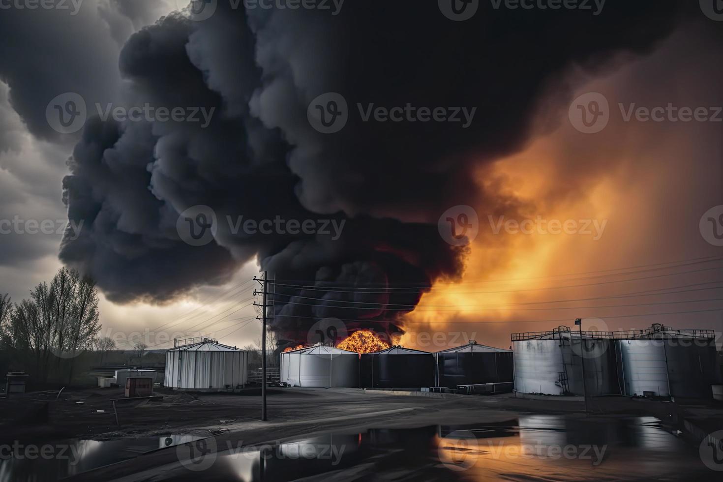 óleo armazenamento fogo. a tanque Fazenda é queimando, Preto fumaça foto